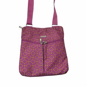BAGGALLINI Horizion Crossbody pink purple gold Trellis Print 2 Front Zip Pockets